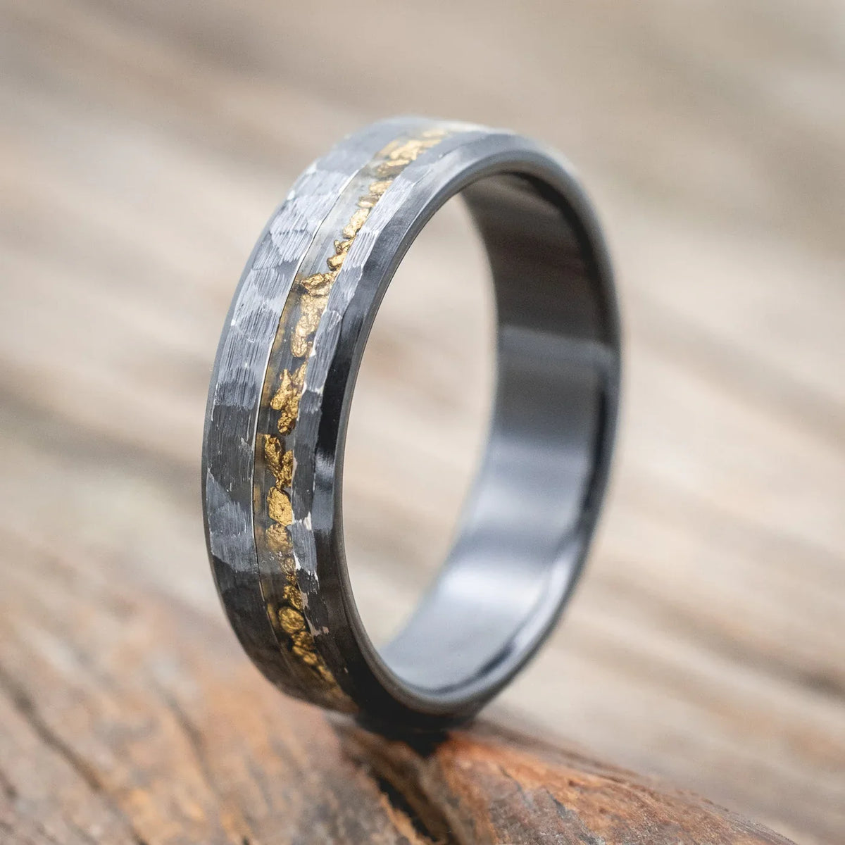 "Vertigo" - Gold Nugget Wedding Ring With a Hammered Finish - Black Zirconium (6mm) - Size 9 1/2