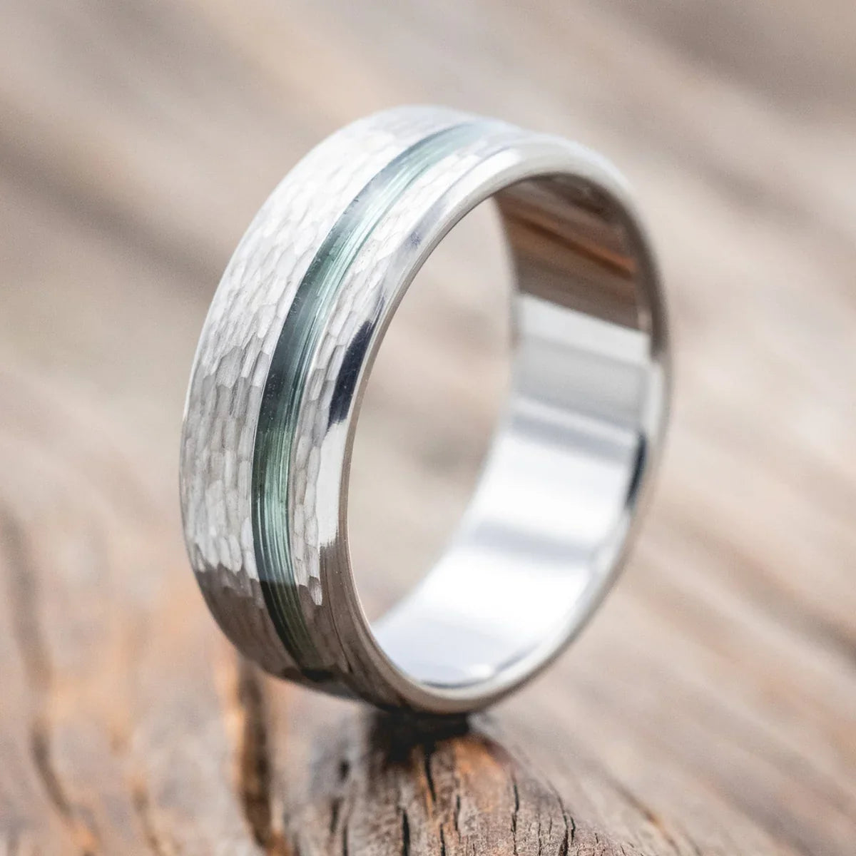 "Vertigo" - Fishing Line Inlay Wedding Band Featuring a Hammered Finish - Titanium (8mm) - Size 11 1/4
