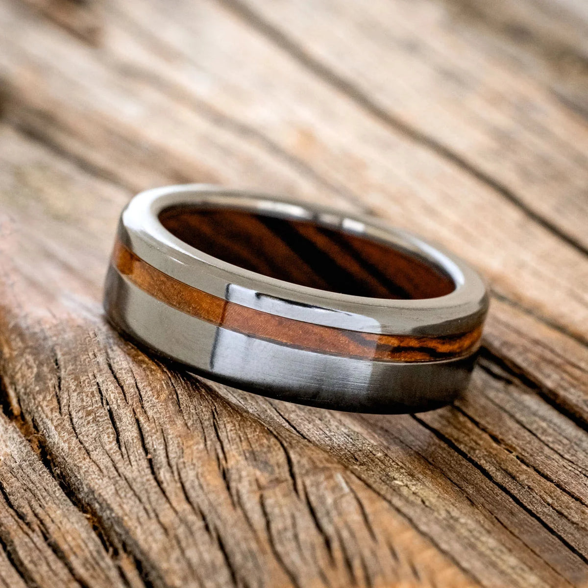 "Vertigo" - Ironwood Lining & Inlay Wedding Ring - Black Zirconium (8mm) - Size 9