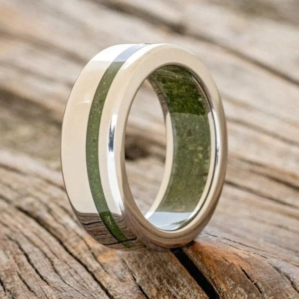 "Vertigo" - Moss Inlay & Lining Wedding Ring - Titanium (8mm) - Size  6 3/4