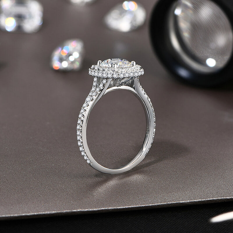 Vertical Double Halo Moissanite Split Shank Pave Engagement Ring
