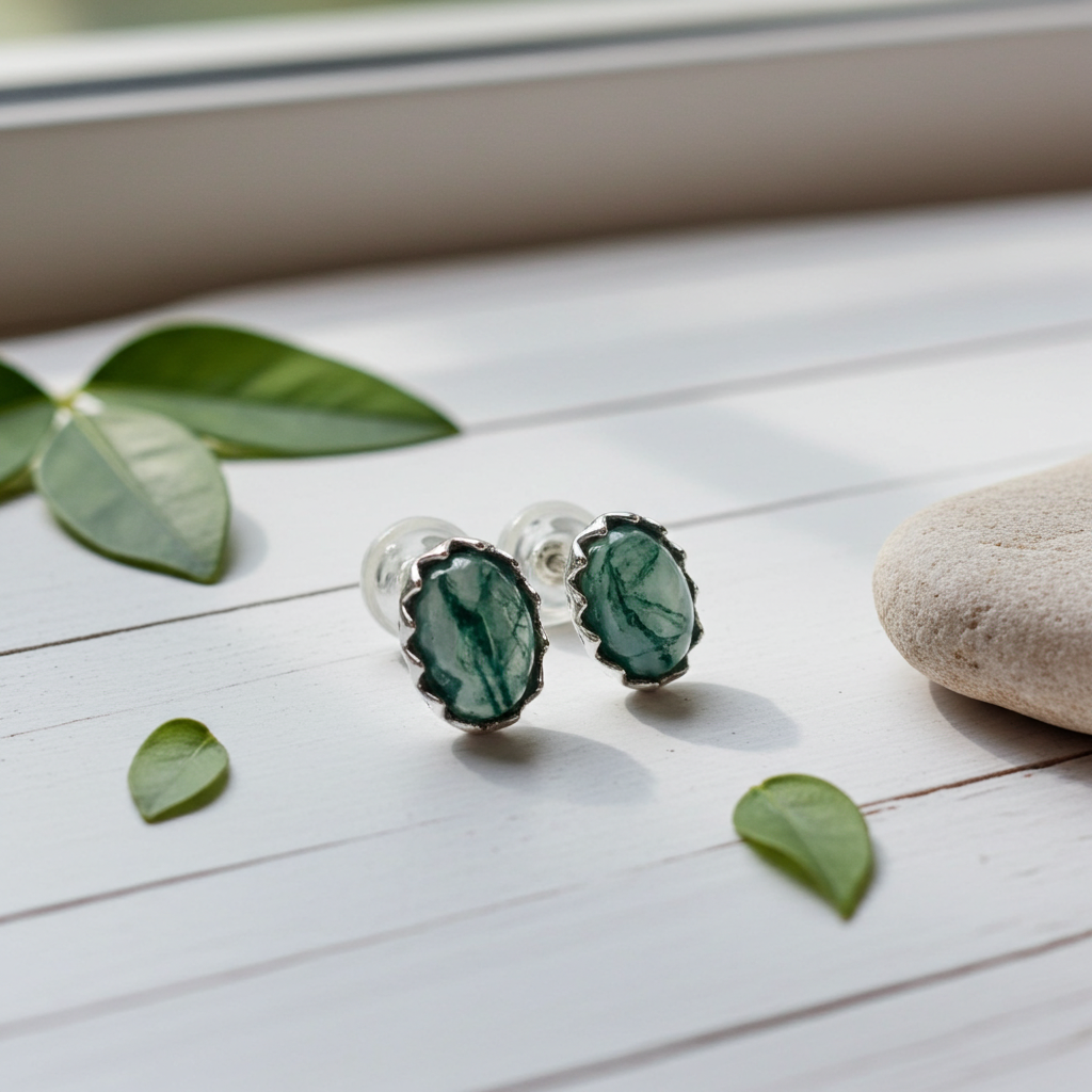 Mistral - Oval Cut Moss Agate Minimalist Classic Stud Earrings