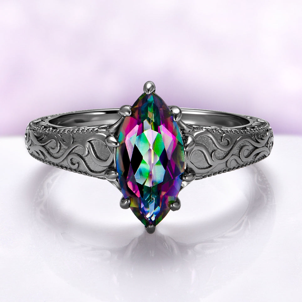 Victorian Gothic Mystic Topaz Filigree Engagement Ring in Black Ruthenium