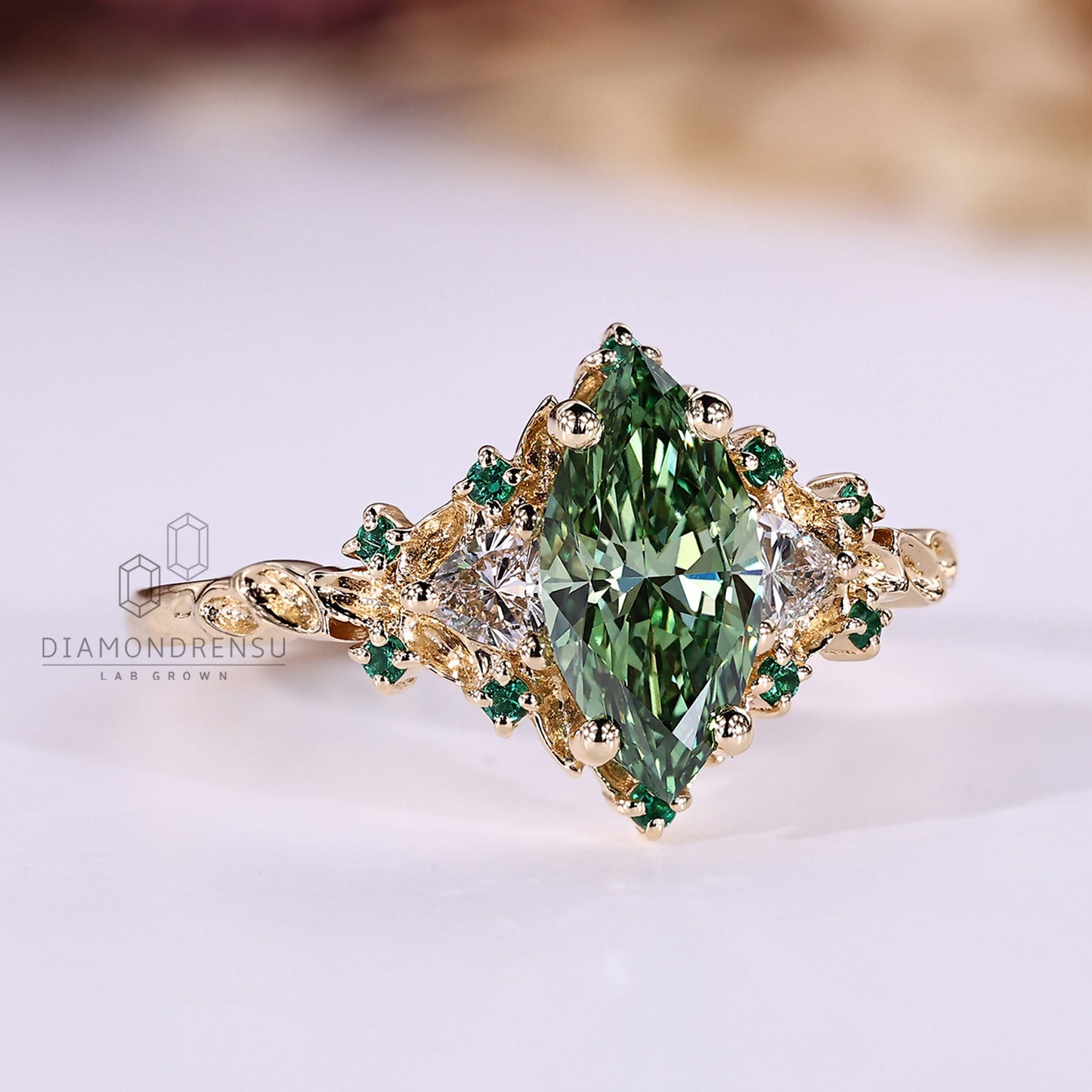 Vintage Green Marquise Engagement Ring with Cluster Setting