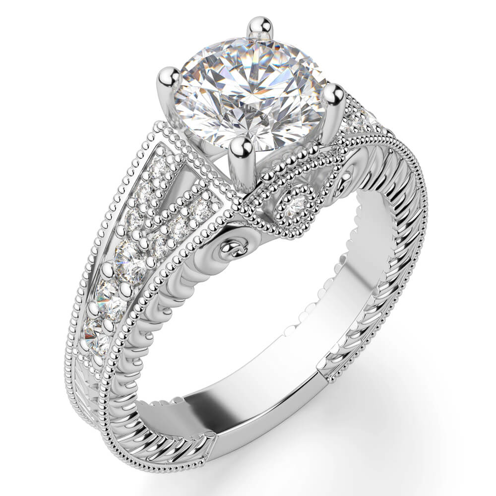 Vintage Milgrain Moissanite Split Shank Pave Engagement Ring