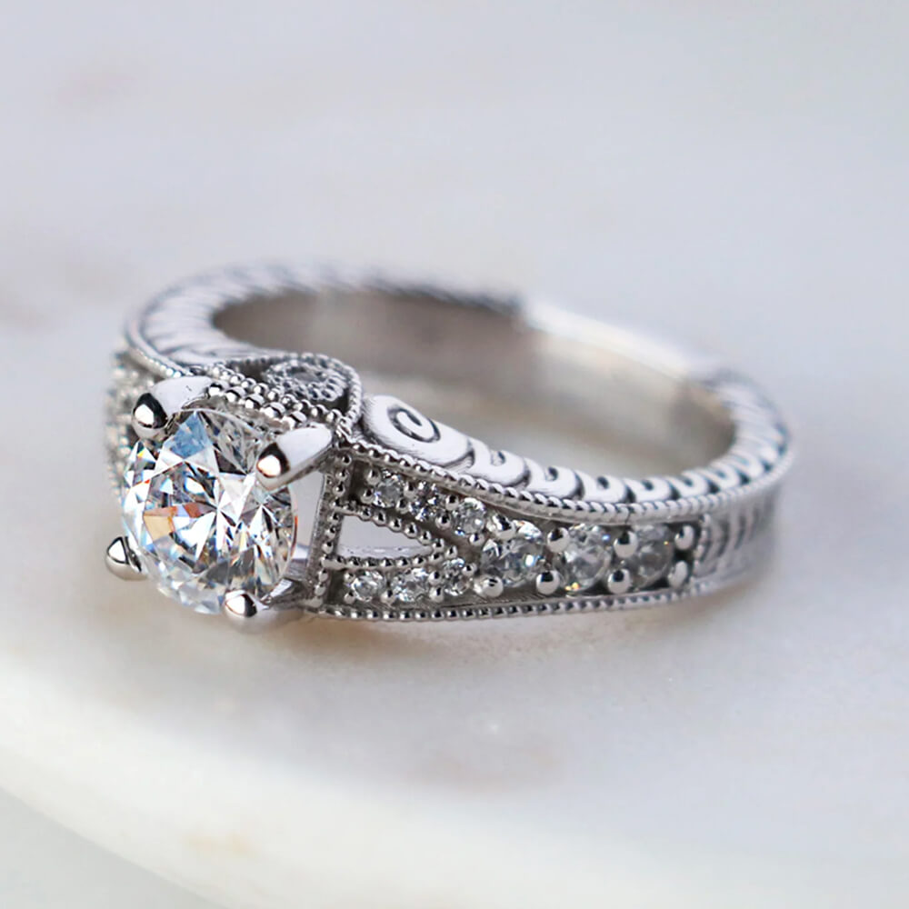 Vintage Milgrain Moissanite Split Shank Pave Engagement Ring