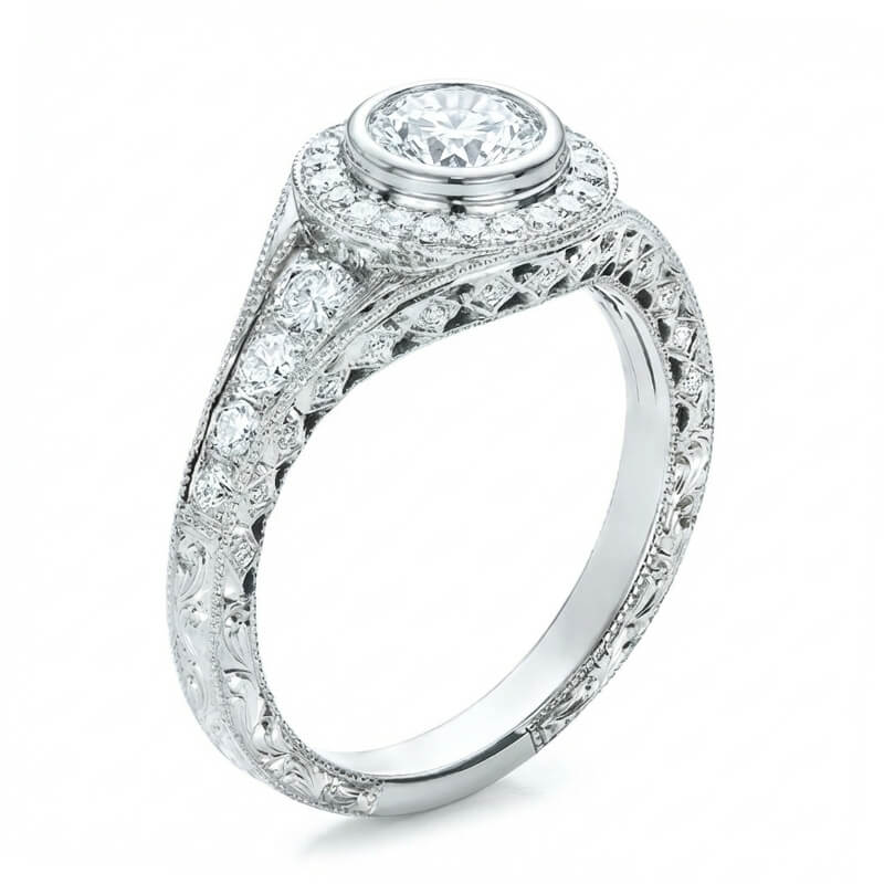 Vintage Bezel-Set Halo Moissanite Milgrain Filigree Eternity Engagement Ring