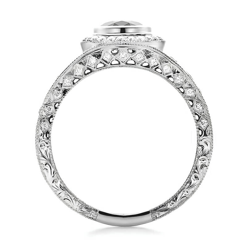 Vintage Bezel-Set Halo Moissanite Milgrain Filigree Eternity Engagement Ring
