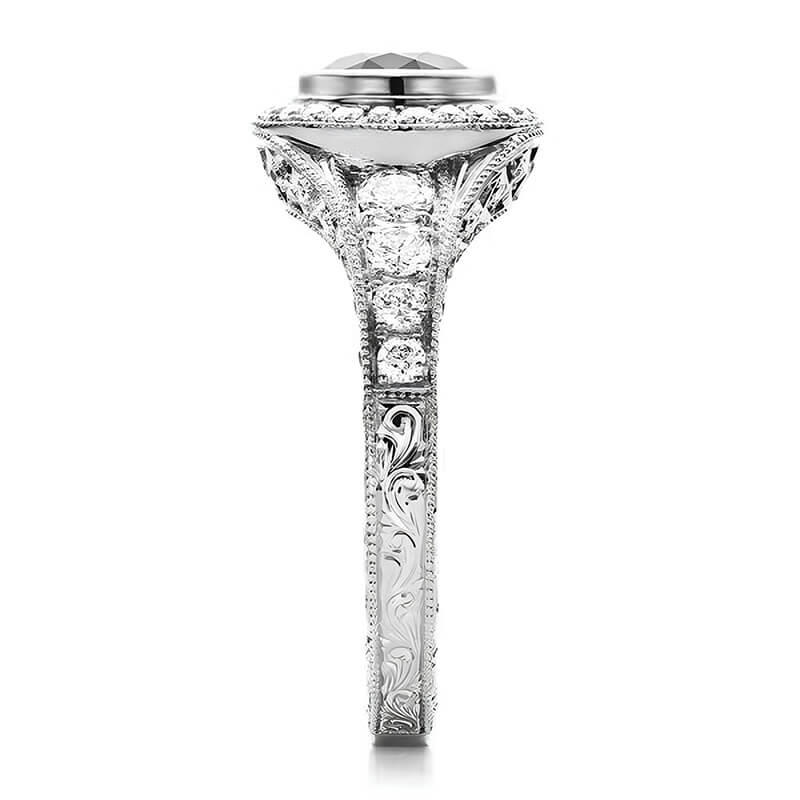 Vintage Bezel-Set Halo Moissanite Milgrain Filigree Eternity Engagement Ring
