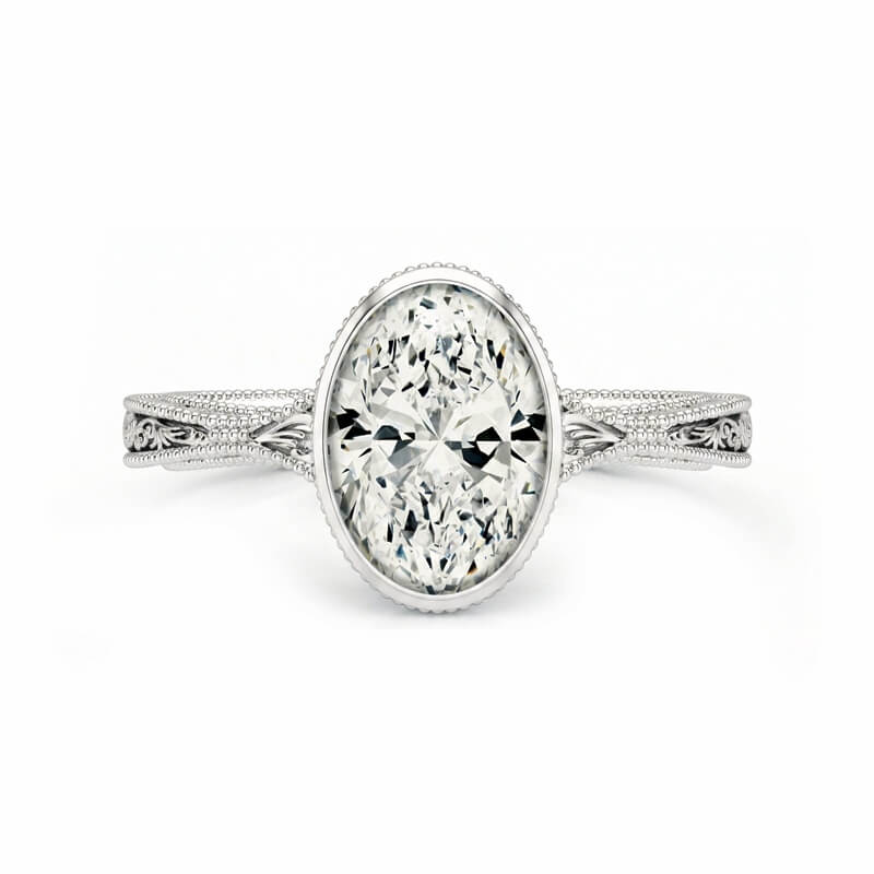 Solitaire Vintage Bezel Set Oval Moissanite Milgrain Filigree Engagement Ring