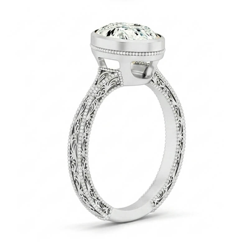 Solitaire Vintage Bezel Set Oval Moissanite Milgrain Filigree Engagement Ring