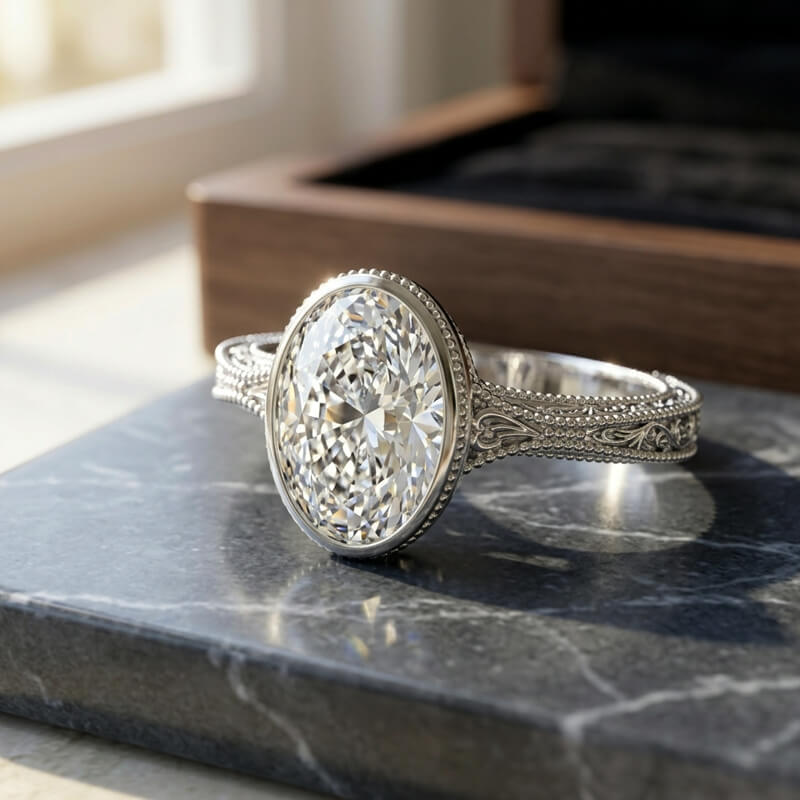 Solitaire Vintage Bezel Set Oval Moissanite Milgrain Filigree Engagement Ring