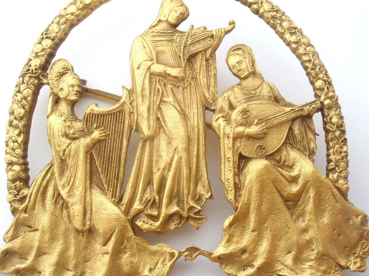 Vintage Brooch of Medieval Maidens Playing Instruments MFA