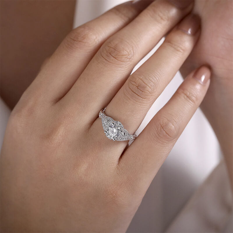 Vintage Clusters Halo Moissanite Split Shank Pave Engagement Ring