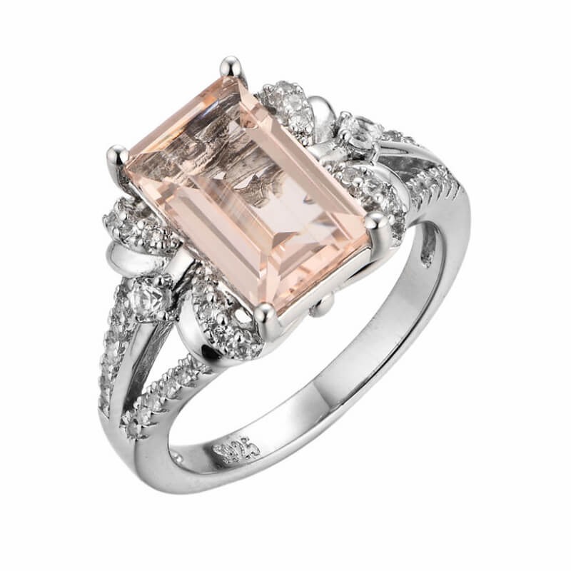 Vintage Emerald-Cut Brown Sapphire Split Shank Pave Sterling Silver Ring