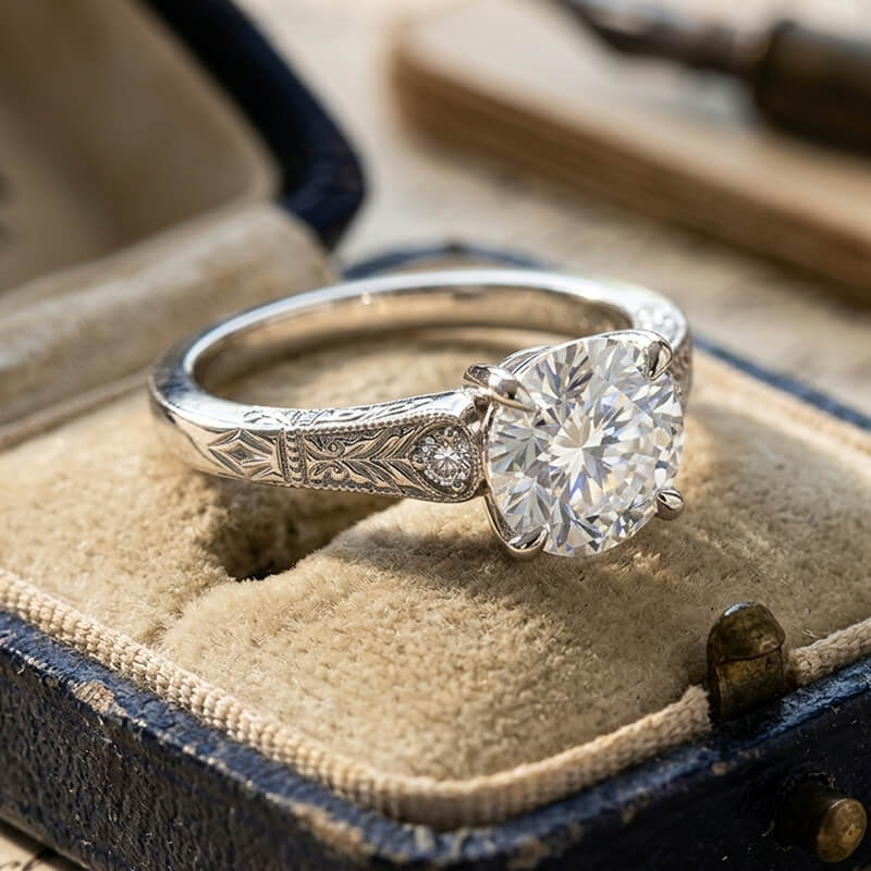 Vintage Engraved with Milgrain Round Brilliant Moissanite Engagement Ring
