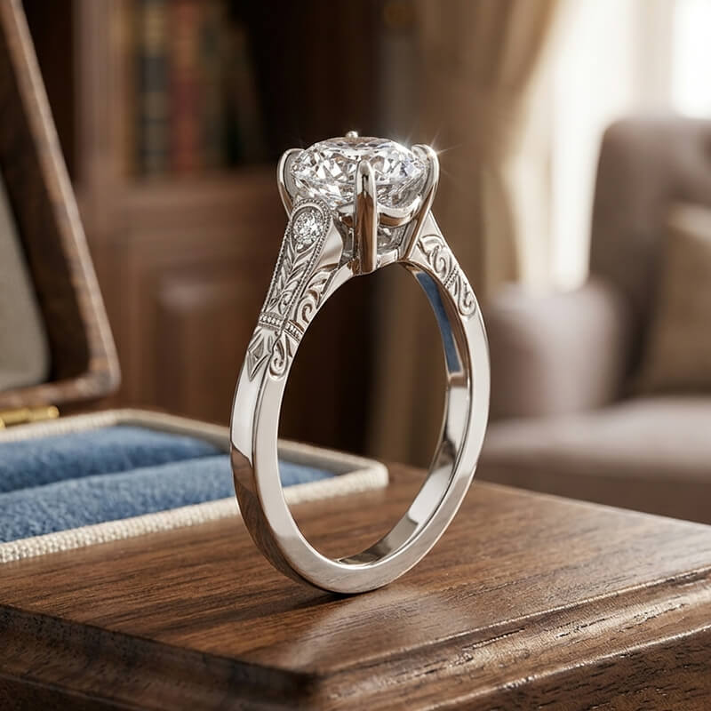 Vintage Engraved with Milgrain Round Brilliant Moissanite Engagement Ring