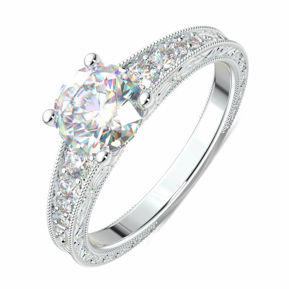 Vintage Filigree Milgrain Moissanite Accents Engagement Ring