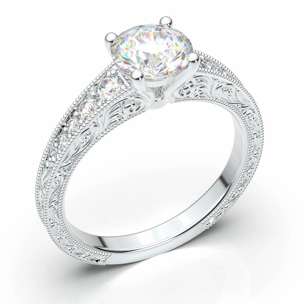 Vintage Filigree Milgrain Moissanite Accents Engagement Ring