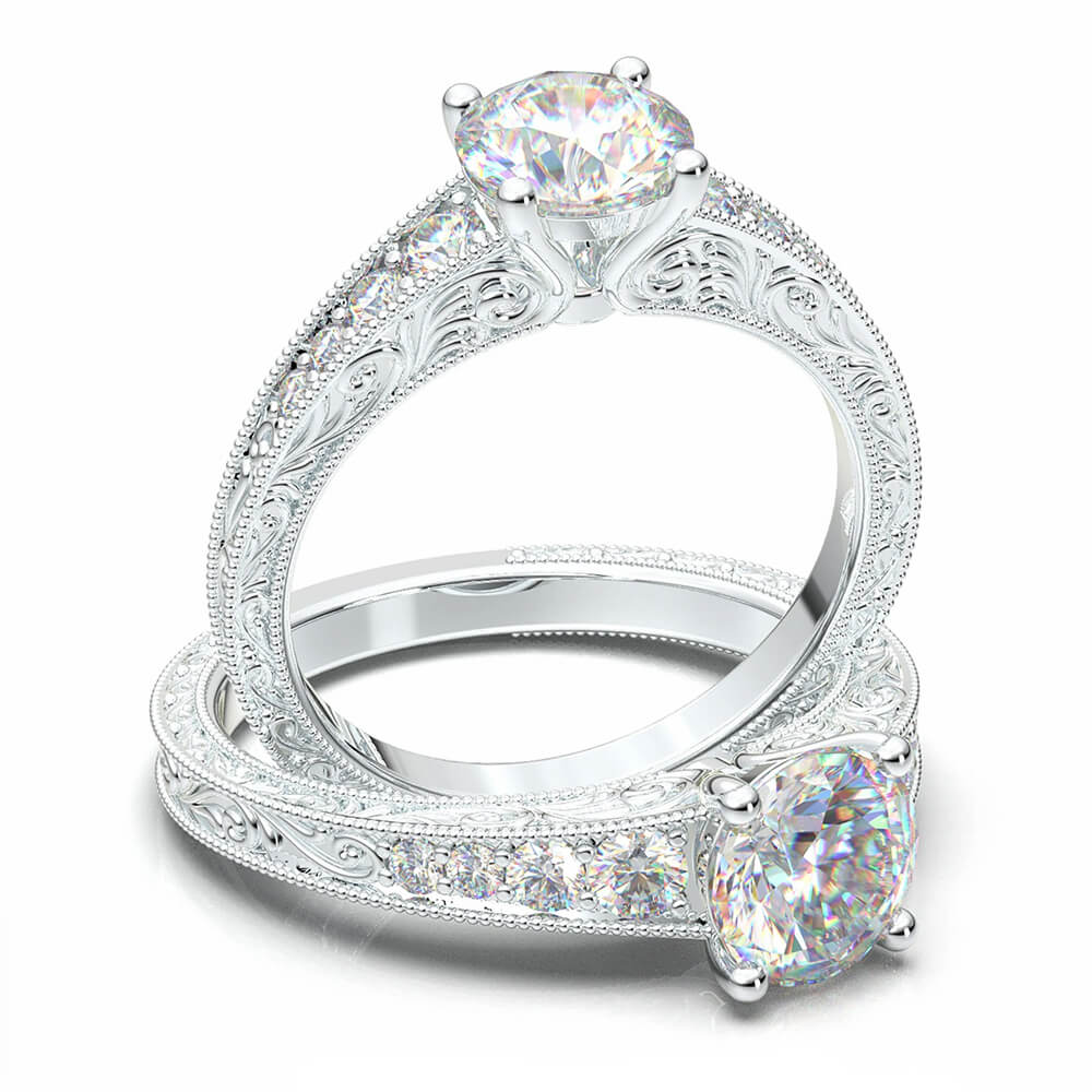 Vintage Filigree Milgrain Moissanite Accents Engagement Ring