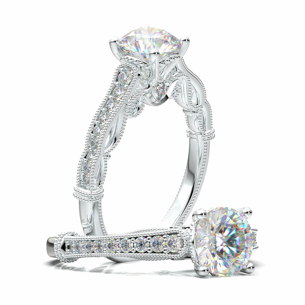 Vintage Filigree Milgrain Moissanite Pave Engagement Ring