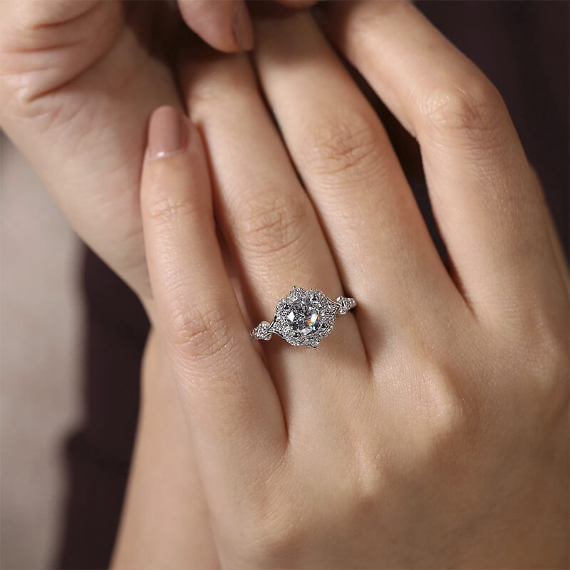 Vintage Halo Moissanite Cathedral Shank Pave Engagement Ring