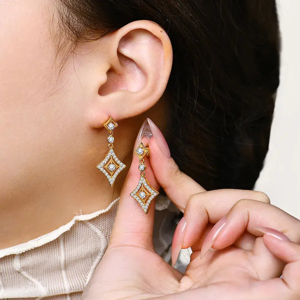 Vintage Halo Moissanite Rhombic Drop Earrings In Sterling Silver