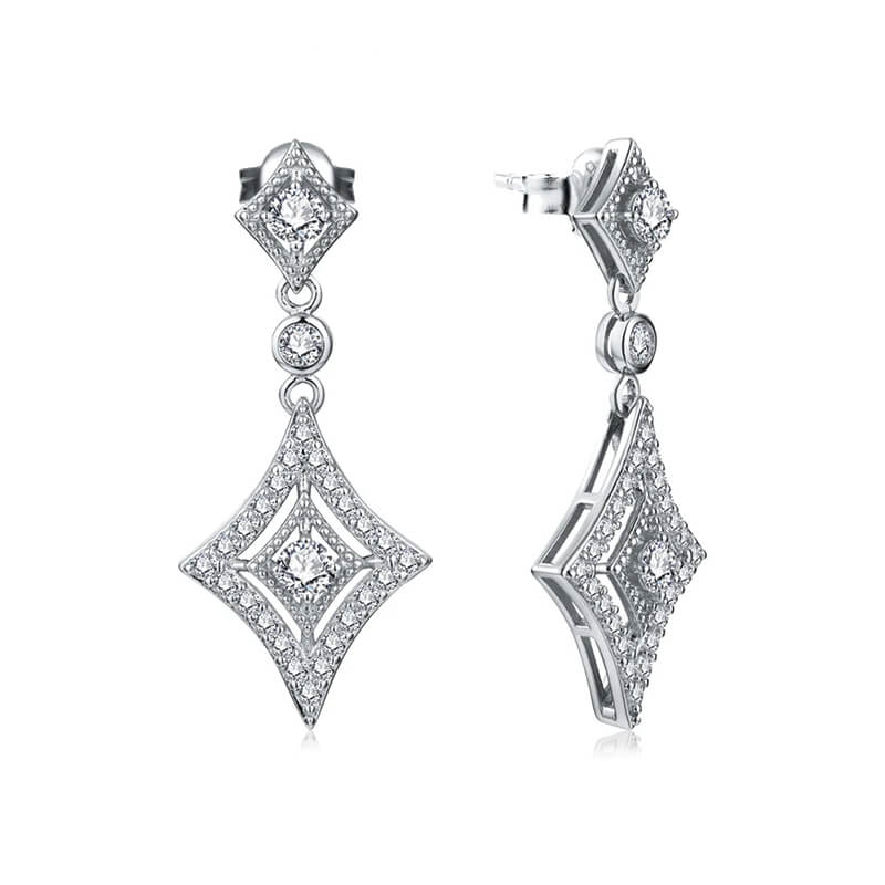 Vintage Halo Moissanite Rhombic Drop Earrings In Sterling Silver