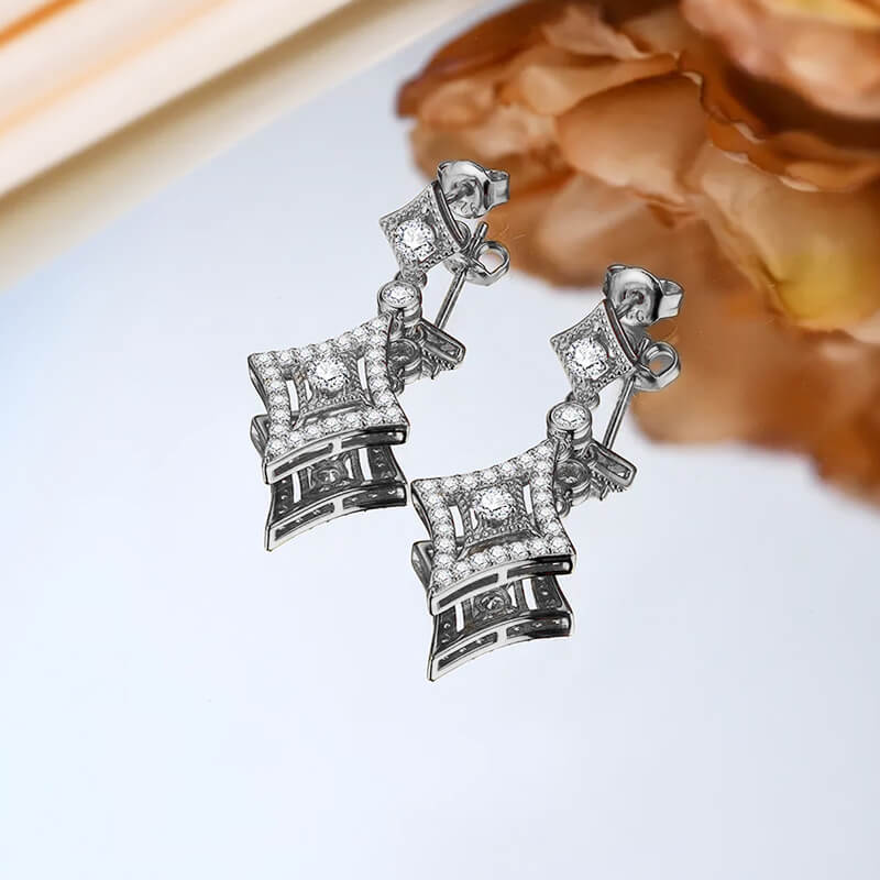 Vintage Halo Moissanite Rhombic Drop Earrings In Sterling Silver