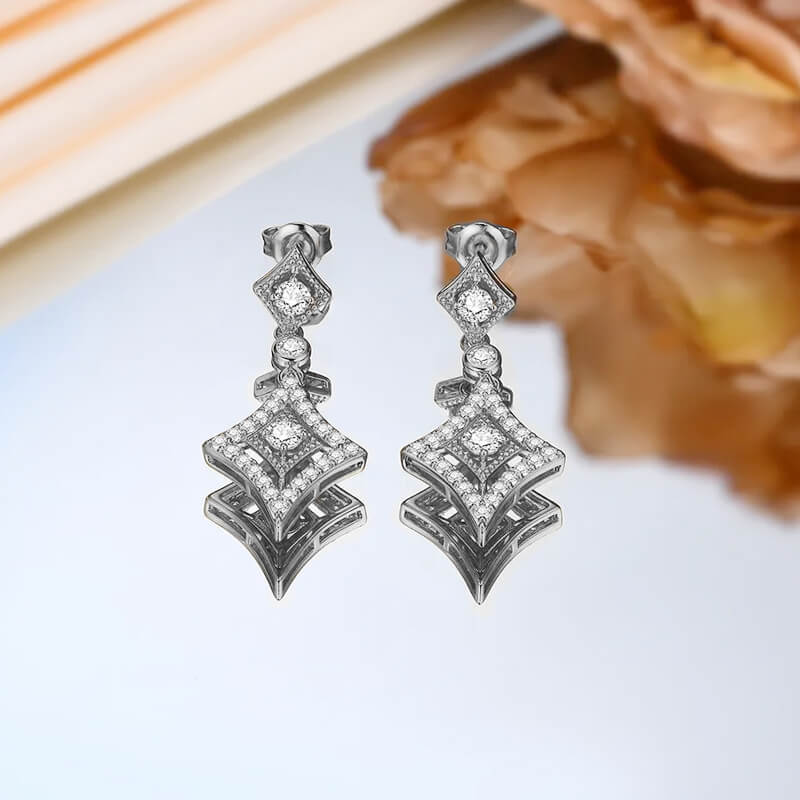 Vintage Halo Moissanite Rhombic Drop Earrings In Sterling Silver