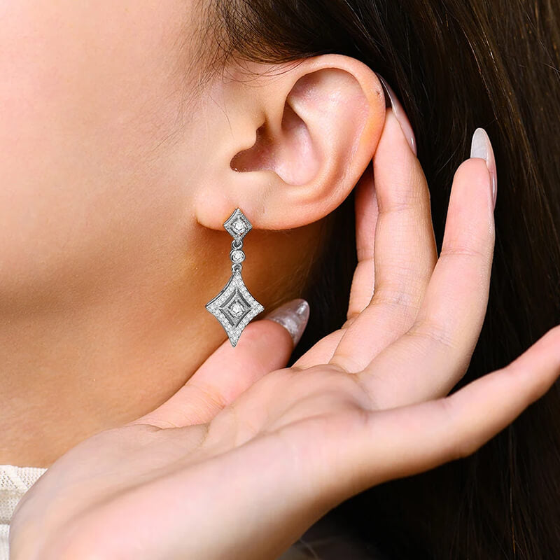 Vintage Halo Moissanite Rhombic Drop Earrings In Sterling Silver