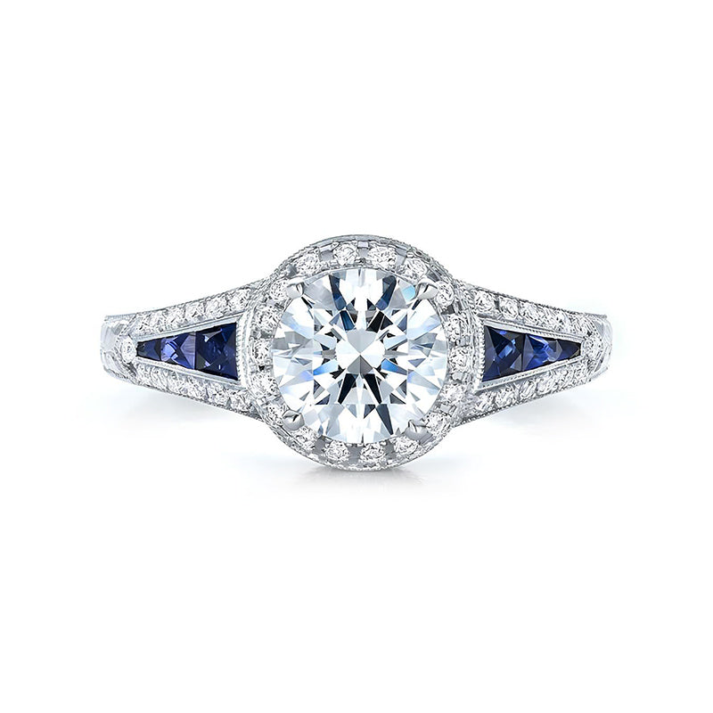 Vintage Halo Moissanite With Blue Sapphire Engagement Ring