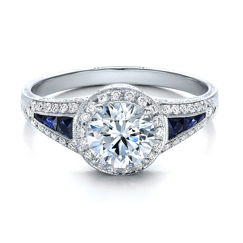 Vintage Halo Moissanite With Blue Sapphire Engagement Ring