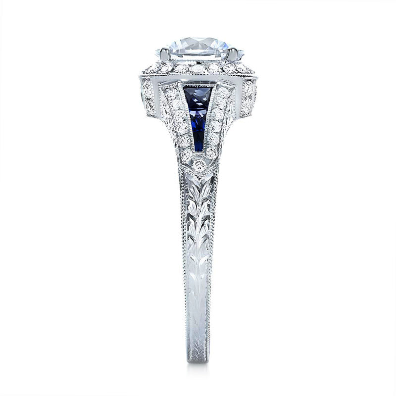Vintage Halo Moissanite With Blue Sapphire Engagement Ring