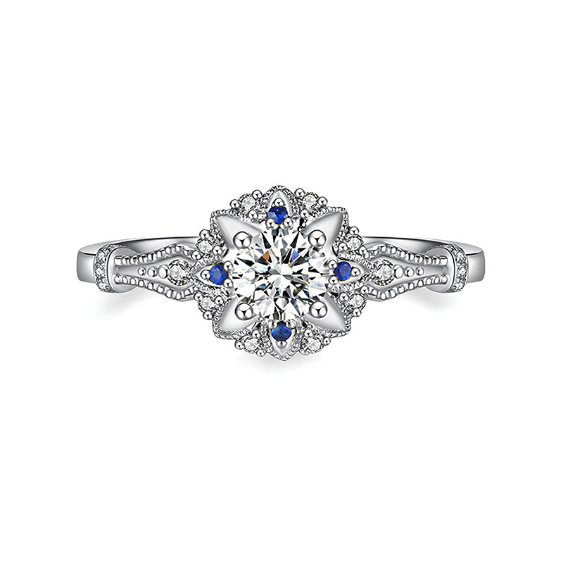 Vintage Halo Moissanite With Sapphire Accents Engagement Ring