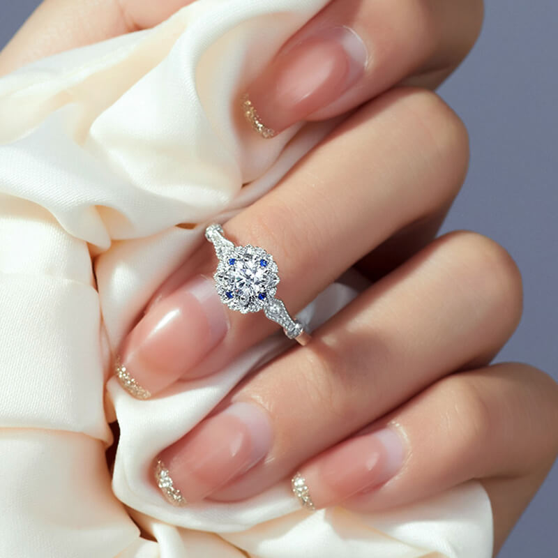 Vintage Halo Moissanite With Sapphire Accents Engagement Ring