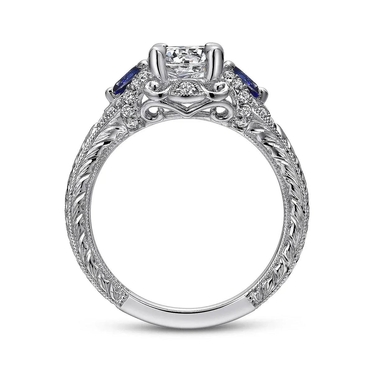 Vintage Halo Moissanite With Sapphire Milgrain Engagement Ring