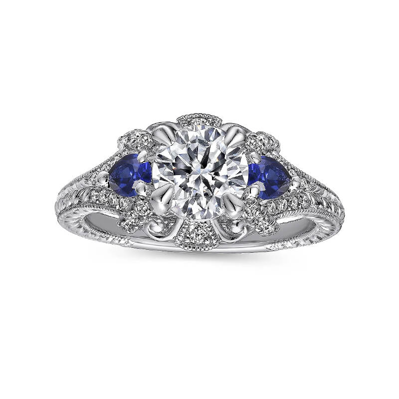 Vintage Halo Moissanite With Sapphire Milgrain Engagement Ring