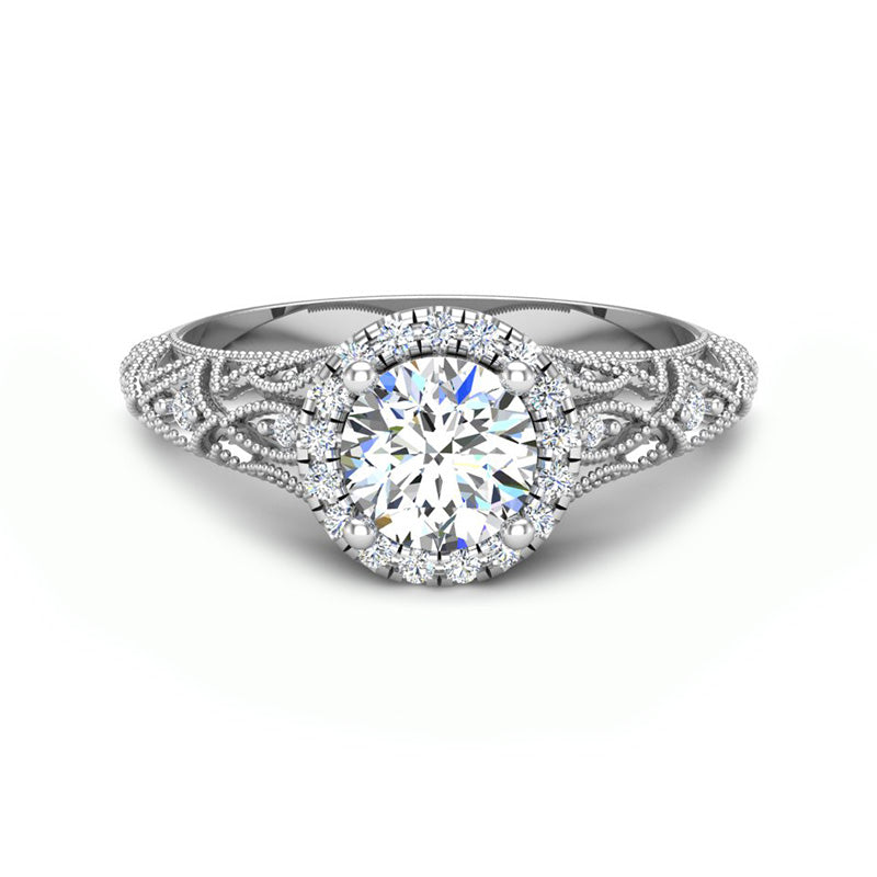 Vintage Halo Round Moissanite Geometric Milgrain Engagement Ring