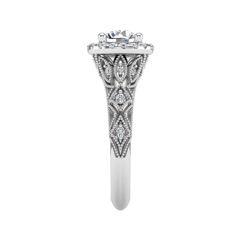 Vintage Halo Round Moissanite Geometric Milgrain Engagement Ring