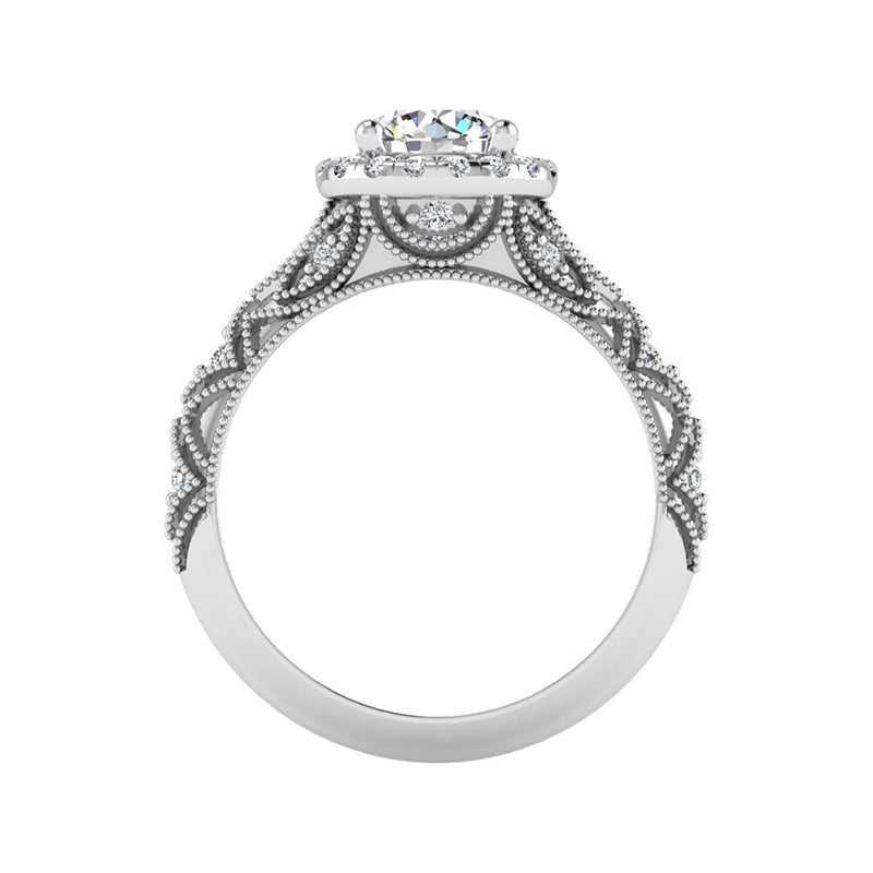 Vintage Halo Round Moissanite Geometric Milgrain Engagement Ring