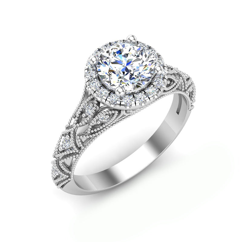 Vintage Halo Round Moissanite Geometric Milgrain Engagement Ring