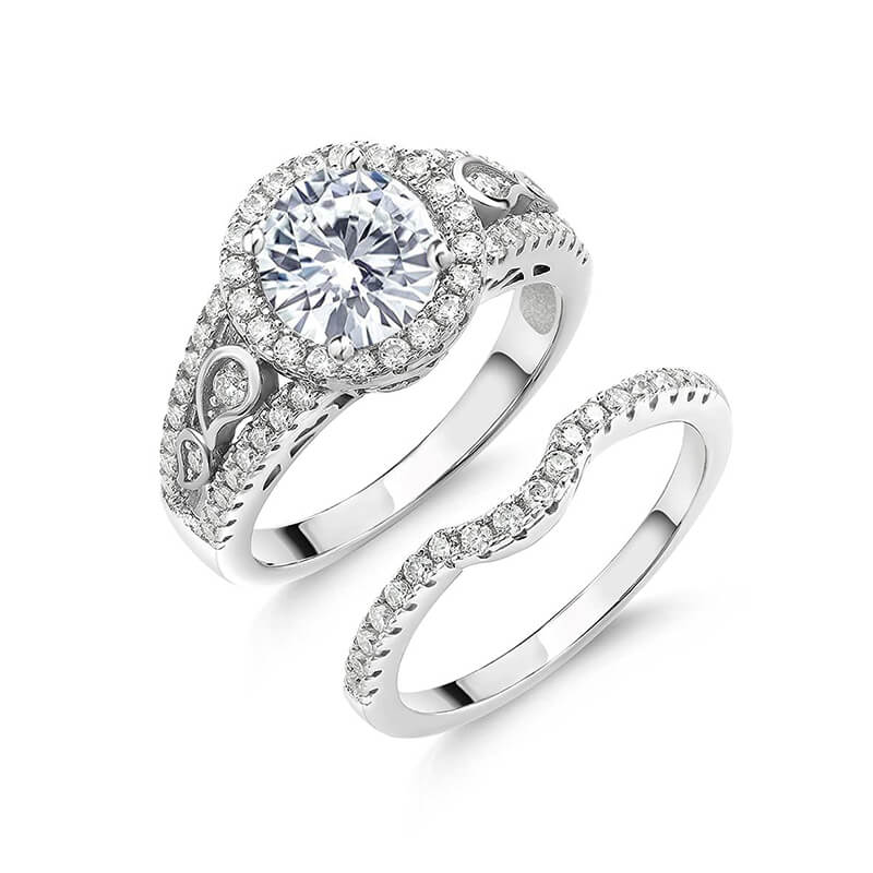 Vintage Halo Round Moissanite Split Shank Bridal Engagement Ring Set