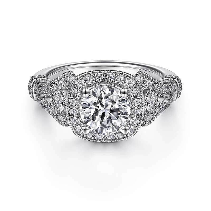 Vintage Halo Round Moissanite Split Shank Pave Engagement Ring