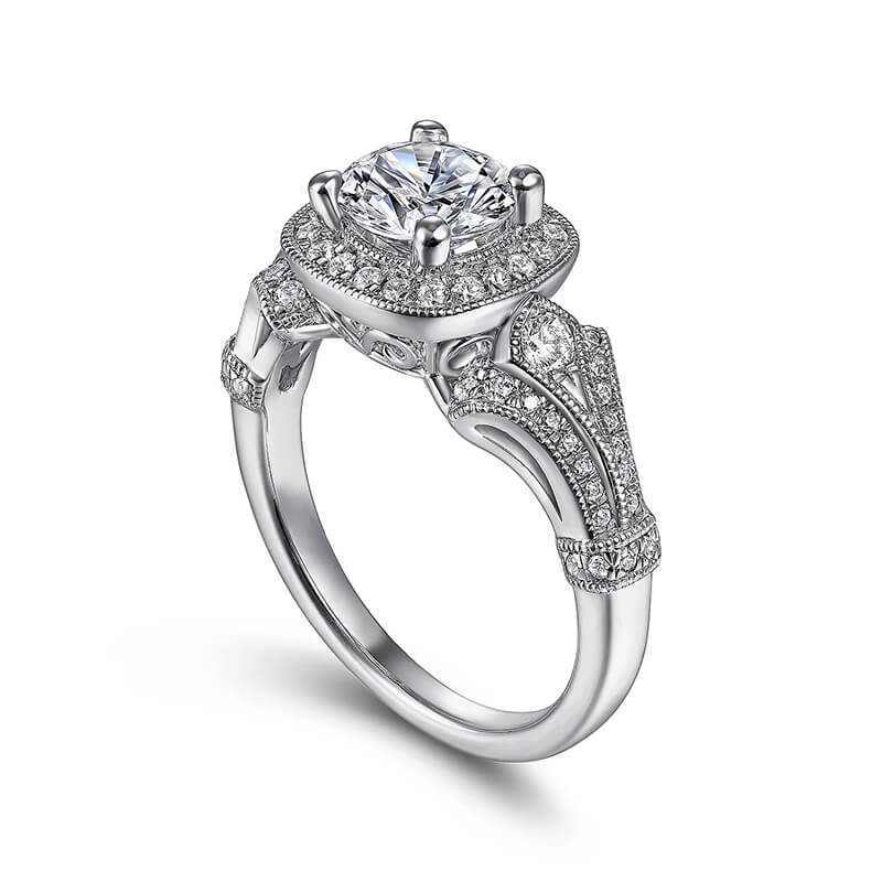 Vintage Halo Round Moissanite Split Shank Pave Engagement Ring