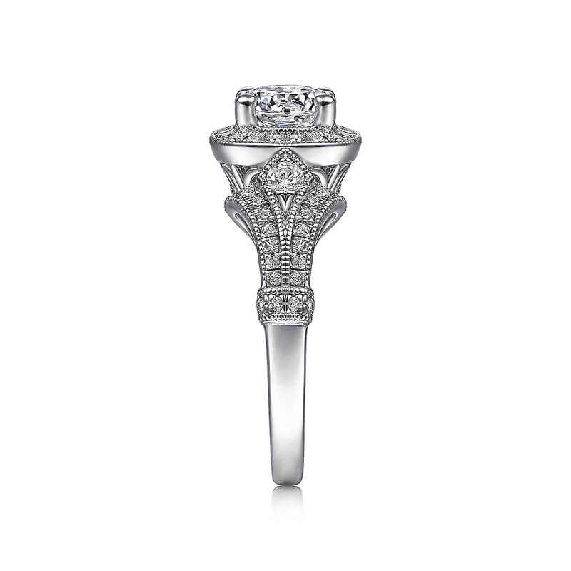 Vintage Halo Round Moissanite Split Shank Pave Engagement Ring