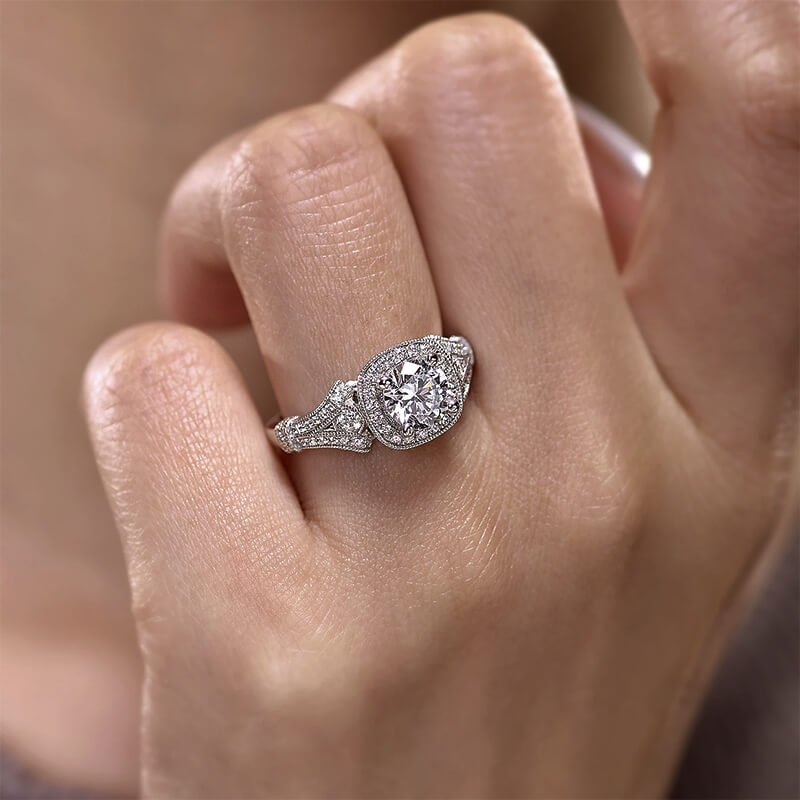 Vintage Halo Round Moissanite Split Shank Pave Engagement Ring