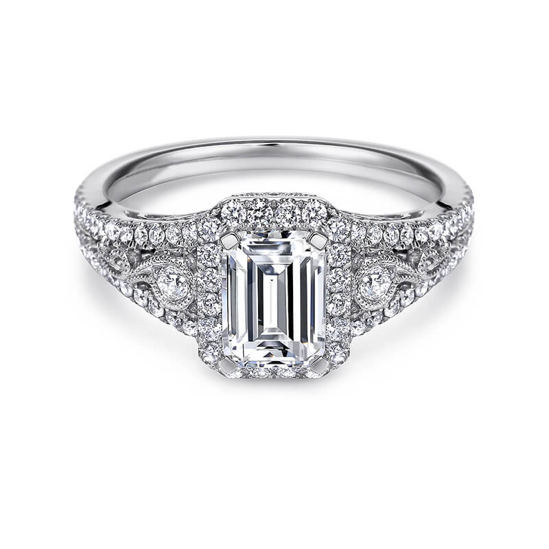 Vintage Inspired Halo Emerald-Cut Moissanite Pave Engagement Ring