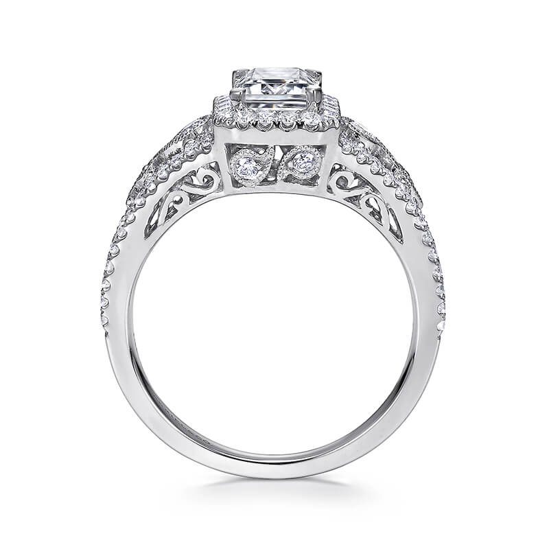 Vintage Inspired Halo Emerald-Cut Moissanite Pave Engagement Ring