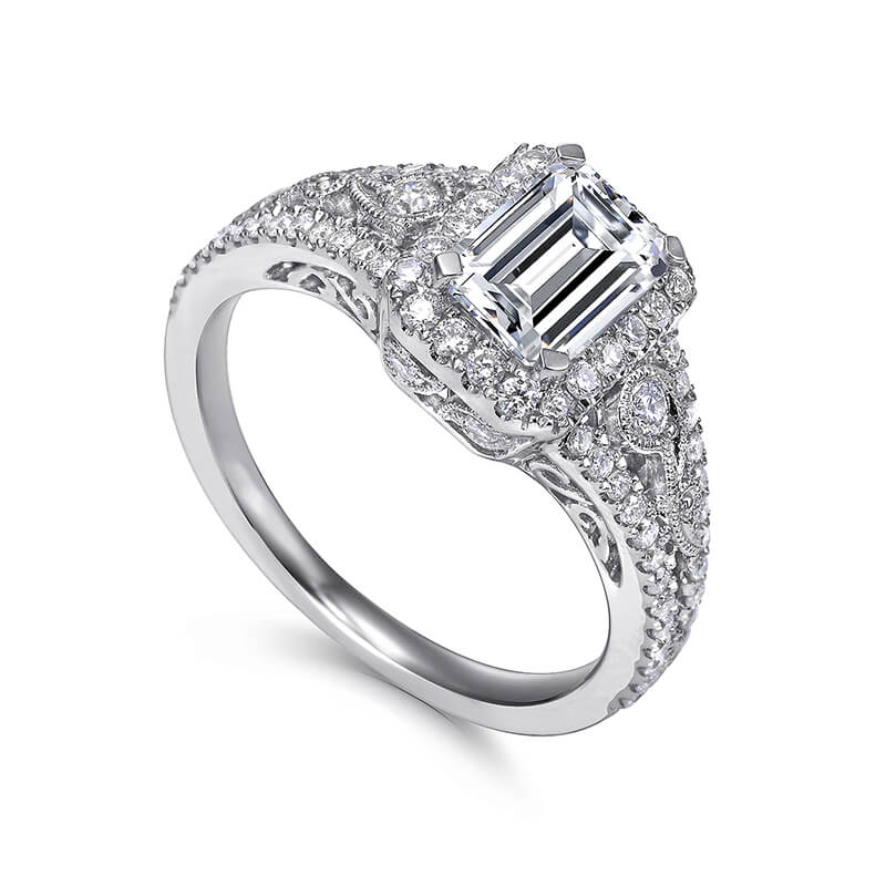 Vintage Inspired Halo Emerald-Cut Moissanite Pave Engagement Ring